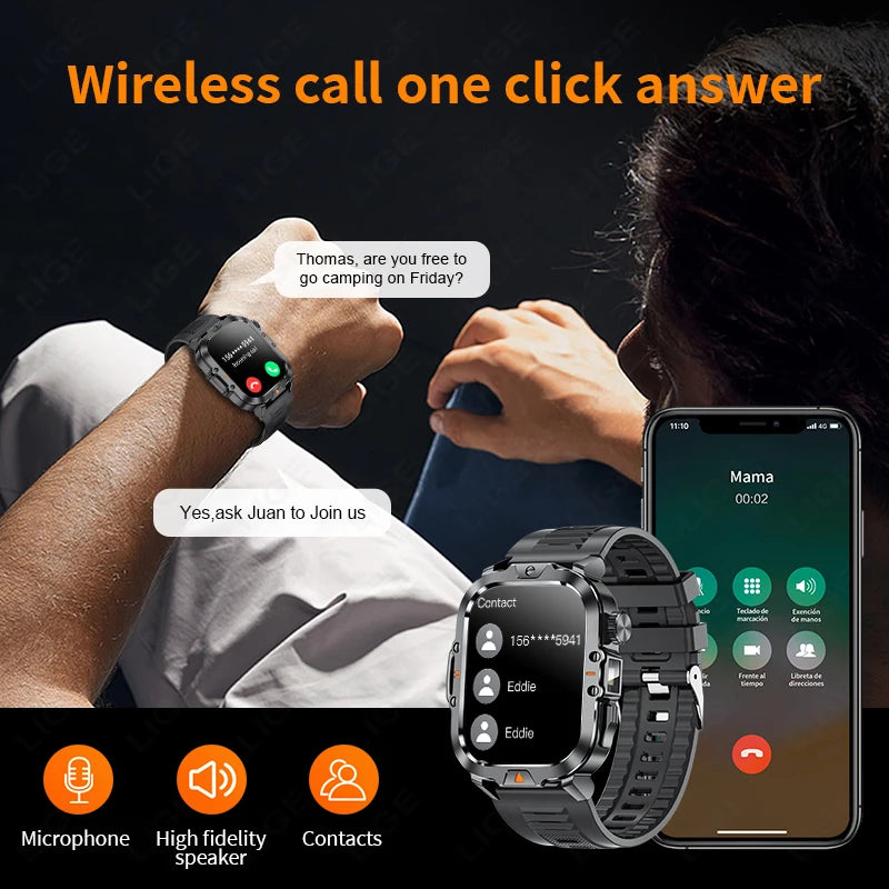 2.01-inch HD Screen Men Smart Watch with Flashlight Outdoor Sports Men's Watch IP68 Waterproof Health Monitoring Call Smartwatch