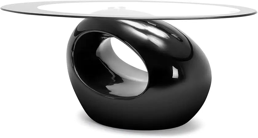 Oval Glass Coffee Table with High Gloss Hollow Base & Tempered Glass Top, Side Table for Living Room, Sitting Room, Black Uniqu