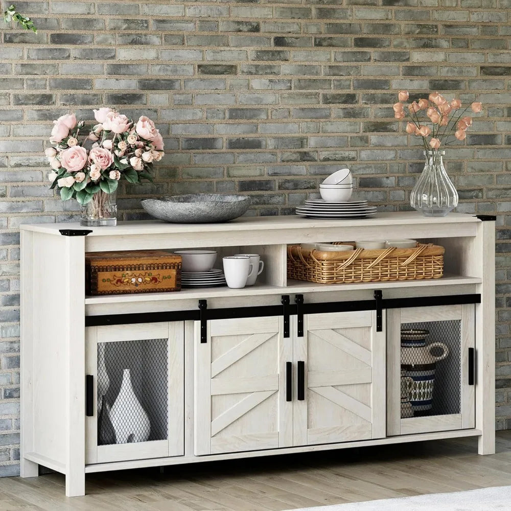 Farmhouse Coffee Bar Cabinet, 59" Buffet Server Sideboard with Sliding Barn Doors, Storage Cabinet Cupboard Table with Mesh Doo