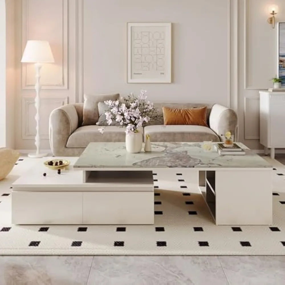 Extendable Tabletop Coffee Table with 4 Drawers and Storage Shelf Modern Design 51 Inch to 71 Inch Center Table for Living Room Beige