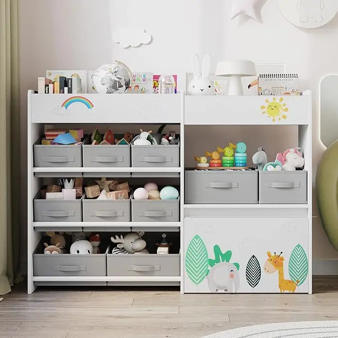 Toy Storage Organizer, Toddler Wooden Kid Bookshelf with 10 Fabric Bins and Movable Toy Chest, 4-Tier Toy Storage Cabinet for Pl