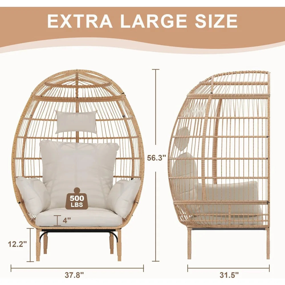 500 Pounds Capacity Oversized Wicker Egg Chair All Weather Rattan Egg Lounge Chairs for Patio Backyard Living Room Outdoor Use