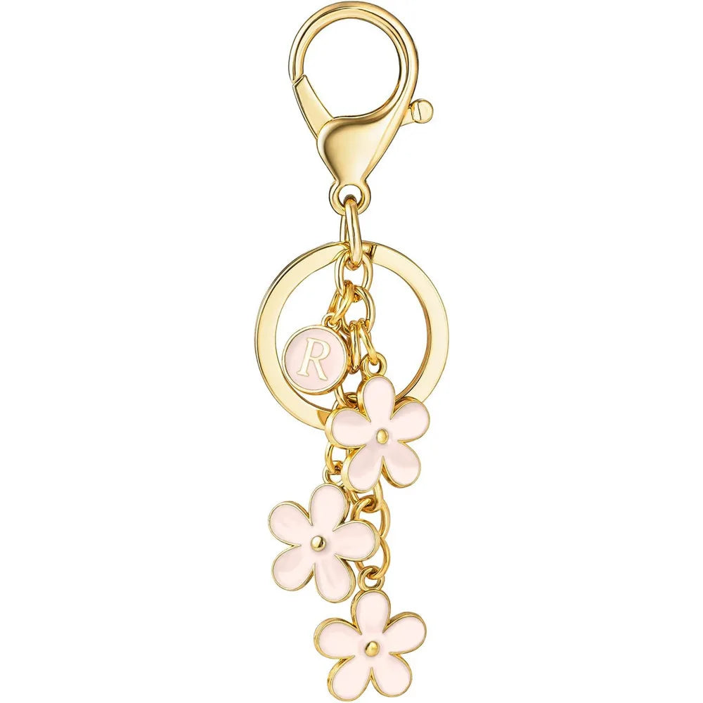 Initial Keychain White/Pink Flower Charms Key Cute Letter Keyring For Handbag Backpack