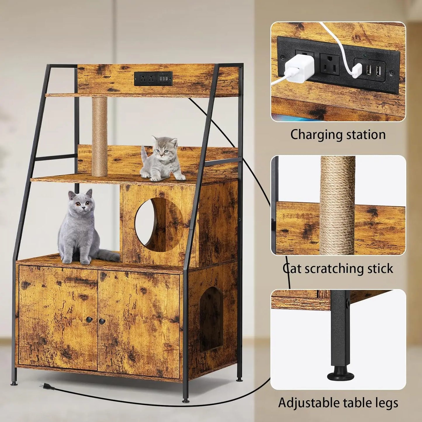 Cat Litter Box Enclosure with 2 Storage Shelves Enclosure Furniture with Charging Station,Cat Washroom with Cat Tree Tower