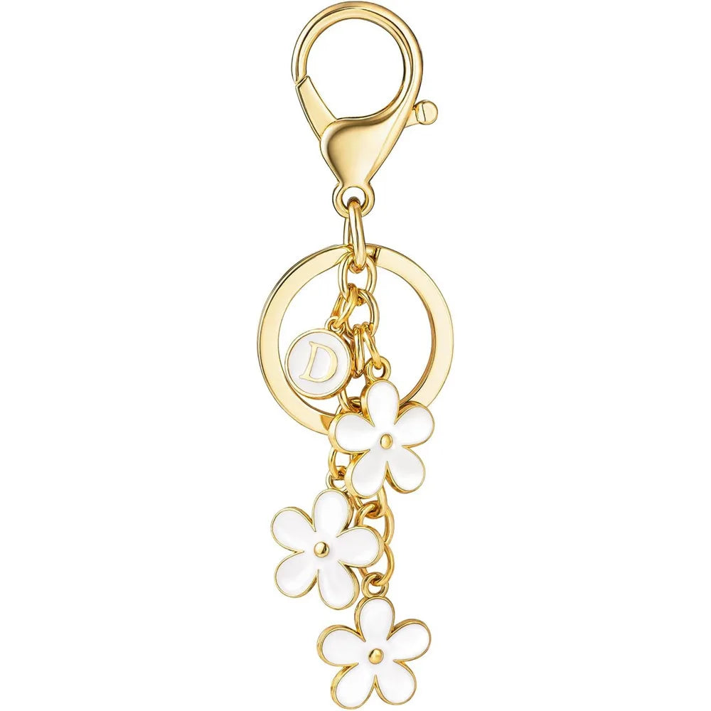Initial Keychain White/Pink Flower Charms Key Cute Letter Keyring For Handbag Backpack