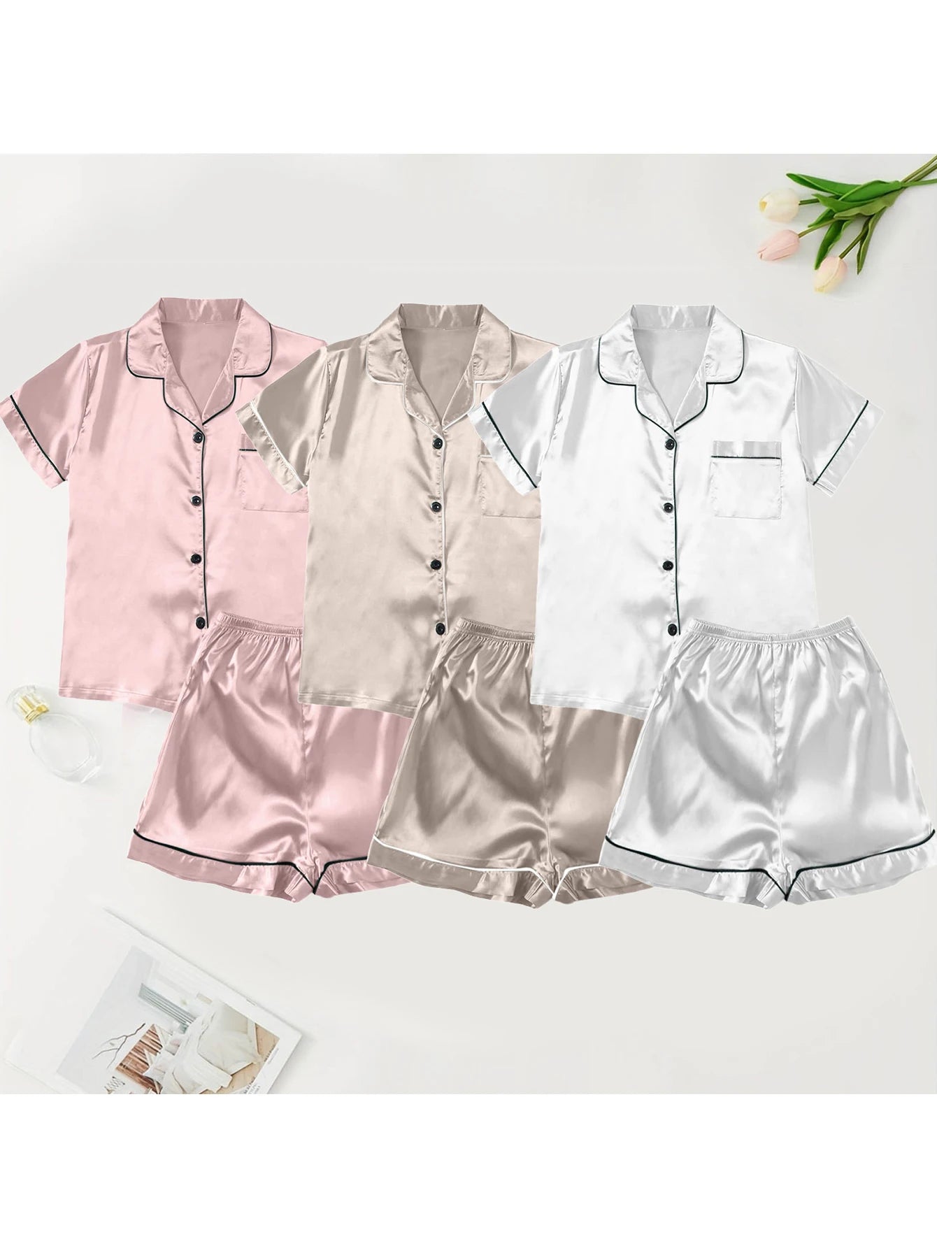Women Pajamas Ice Silk Multi-Piece Nightgown Summer Set Comfortable Home Wear Peach+Champagne+White XXXL