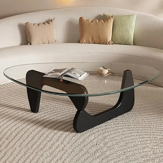 Small Coffee Table Black Glass Coffee Table for Living Room, Mid Century Modern Coffee Table, Wood Rustic Coffee Table with Wood