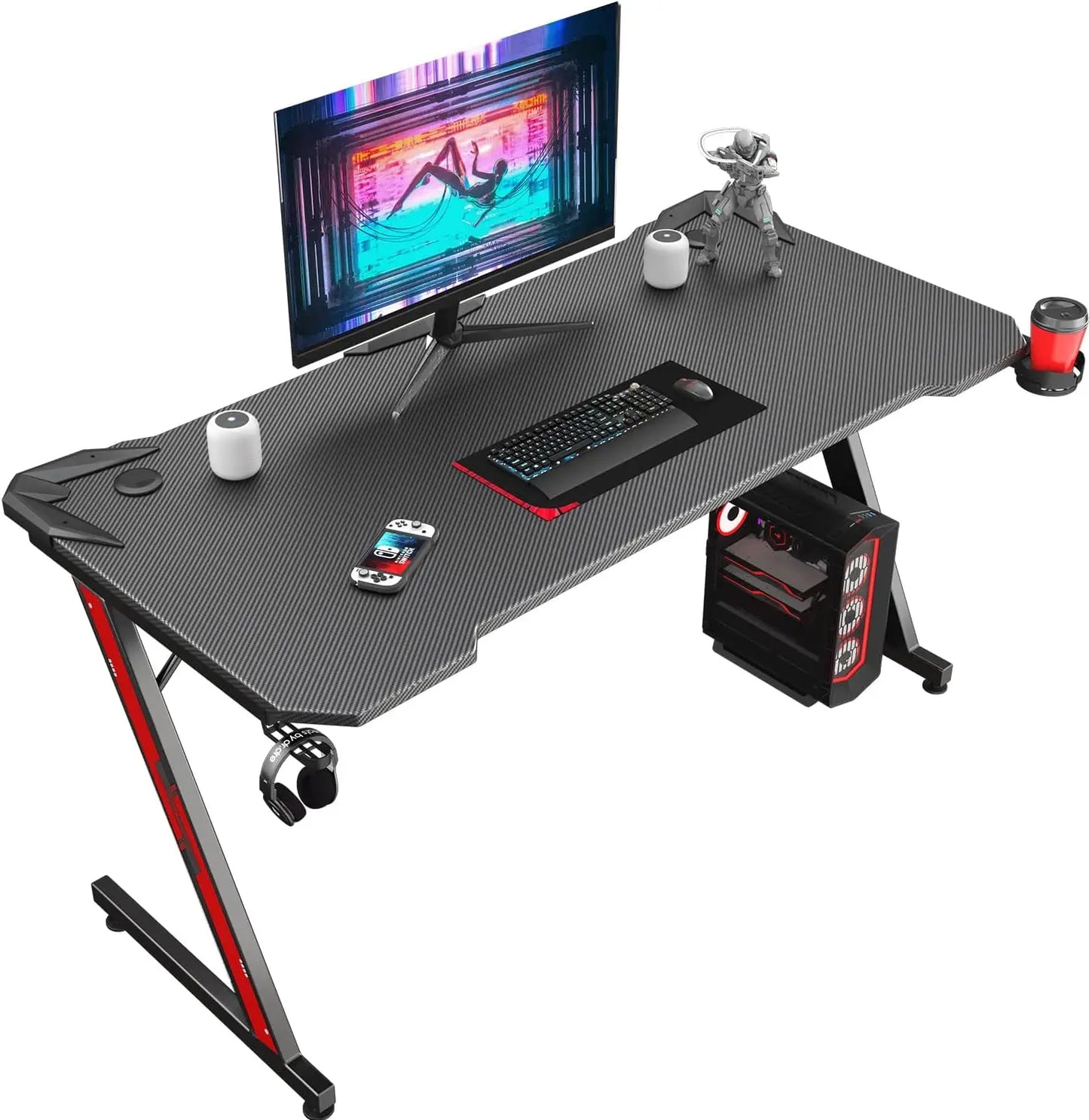 Gaming Computer Desk with Carbon Fiber Surface, Gaming Table Z Shaped PC Home Office with Cup Holder&Headphone Hook