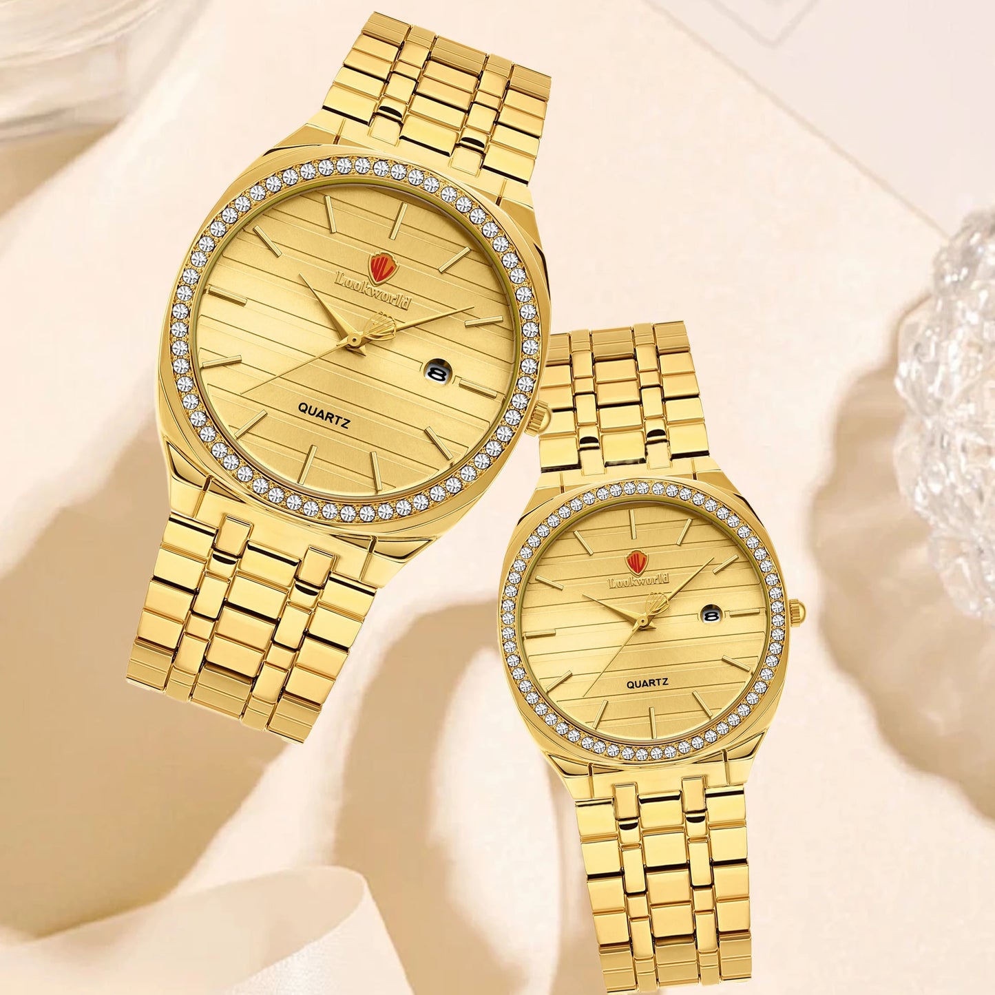 1 set of couple set quartz watch, all gold body, mineral crystal, with watch box, Valentine's Day gift, New Year's gift couple