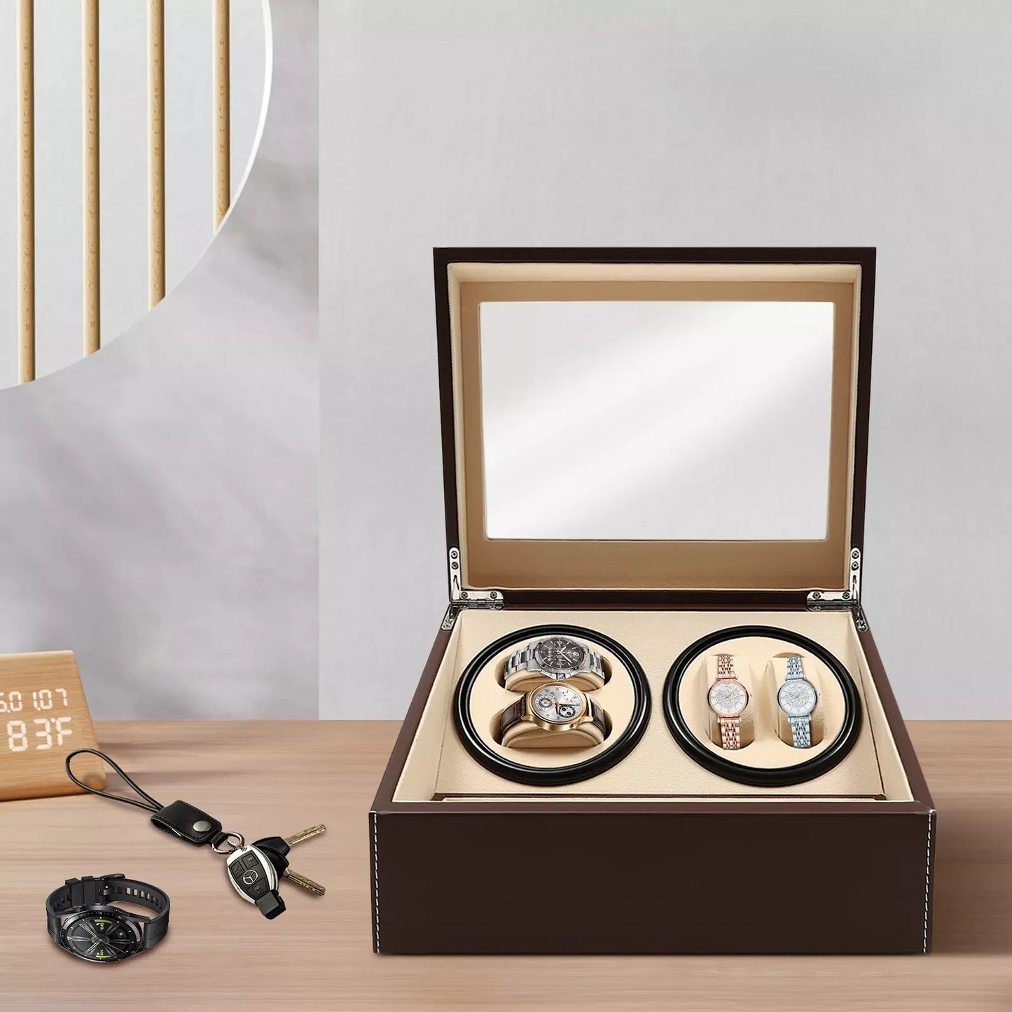 Automatic 4+6 Rotation Watch Winder Storage Box, Leather Wood Display Case