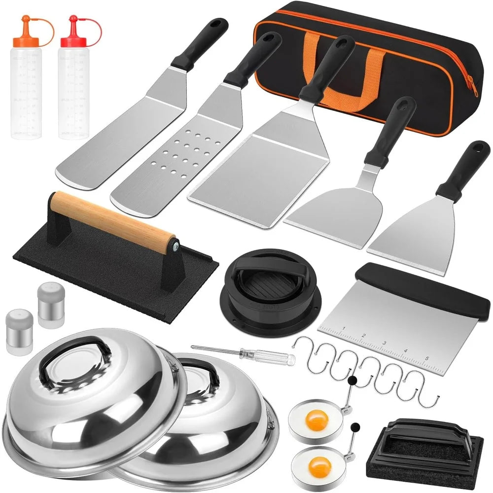 25PCS Griddle Accessories Kit Flat Top Grill Tools Set with Spatulas Basting Covers Scraper Heat Resistant Storage Bag