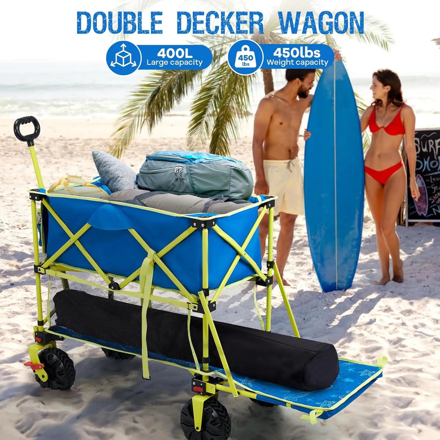 400L Collapsible Double Decker Beach Wagon with Brakes Folding Beach Cart with 54" Extra Long Decker 450LBS Heavy Duty Wagon Cha
