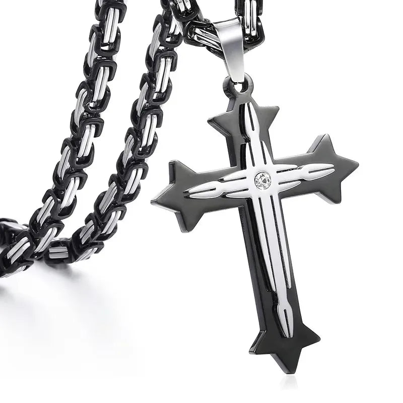Hermah Mens Boys Gold Black Silver Color Stainless Steel Double Layer Cross Pendant w/ Clear Rhinestone Fashion Jewelry