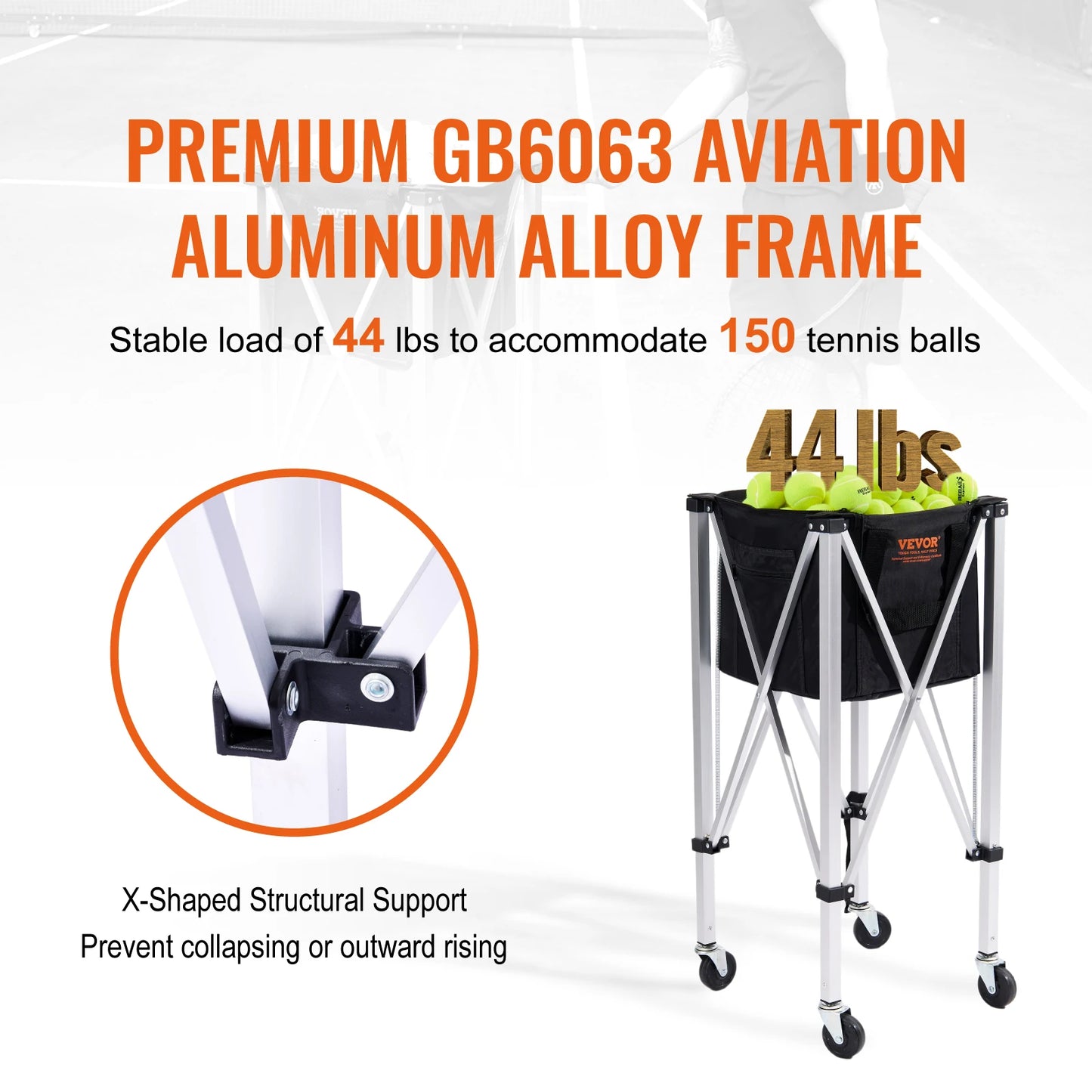VEVOR Foldable Tennis Ball Cart Holds 150/180 Tennis Balls Basket Hopper with Wheels Sports Teaching Portable Baseball Trolley