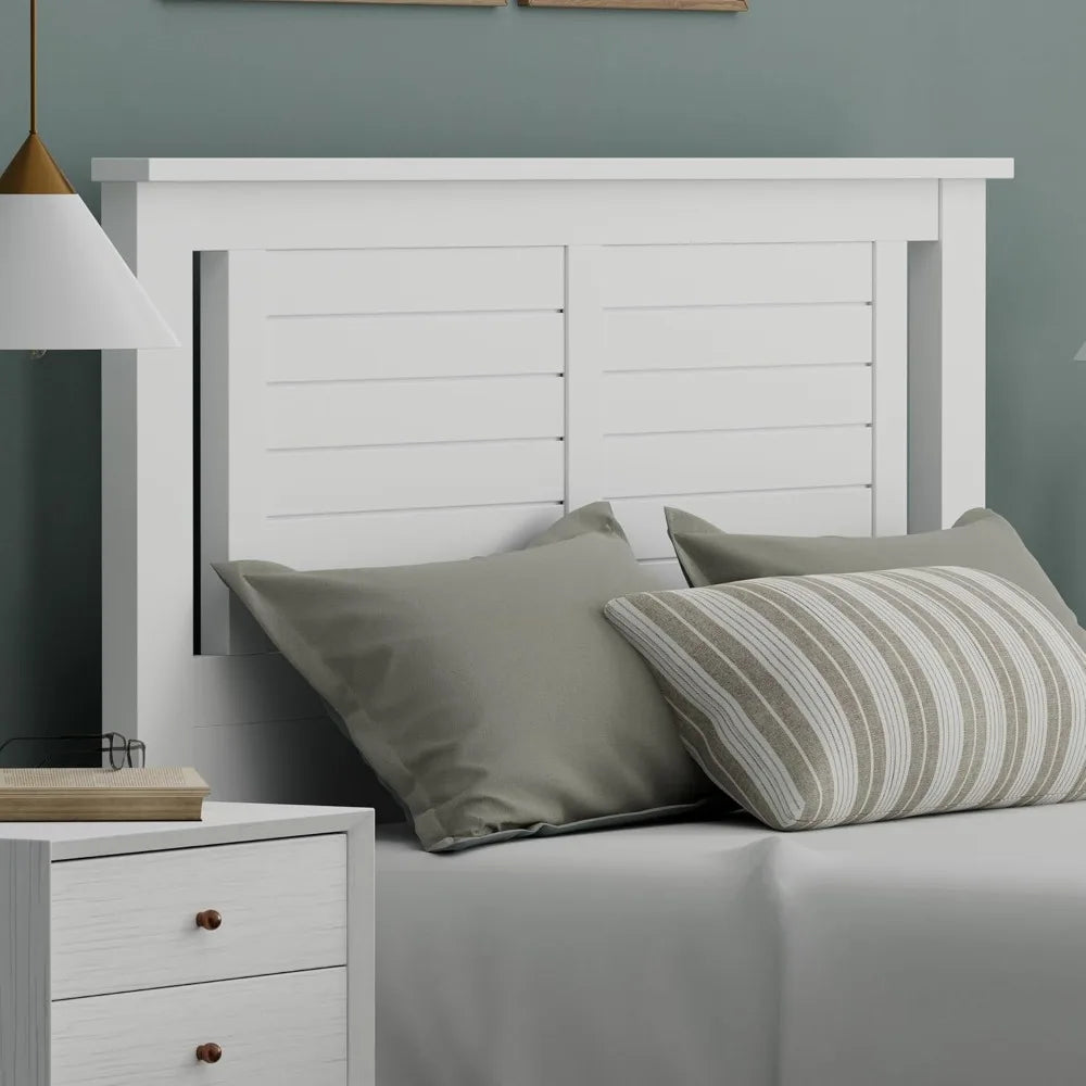Modern Farmhouse Style White Full Headboard with Horizontal Grooves and Serene Poplar Wood Finish