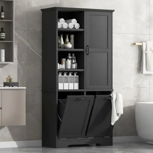Tall Bathroom Storage Cabinet with Laundry Hamper Freestanding Storage Cabinet with Open Shelves and Adjustable Shelf White Modern Style