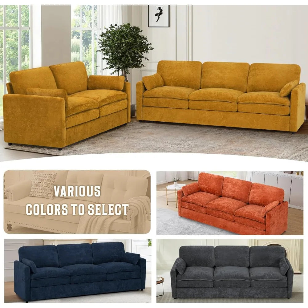 Chenille Soft Sofa w/Well-Filled Backrests, Modern Couch w/Plump Pillows, 3 Seater Upholstered Couch w/Thick & Comfy Cushions