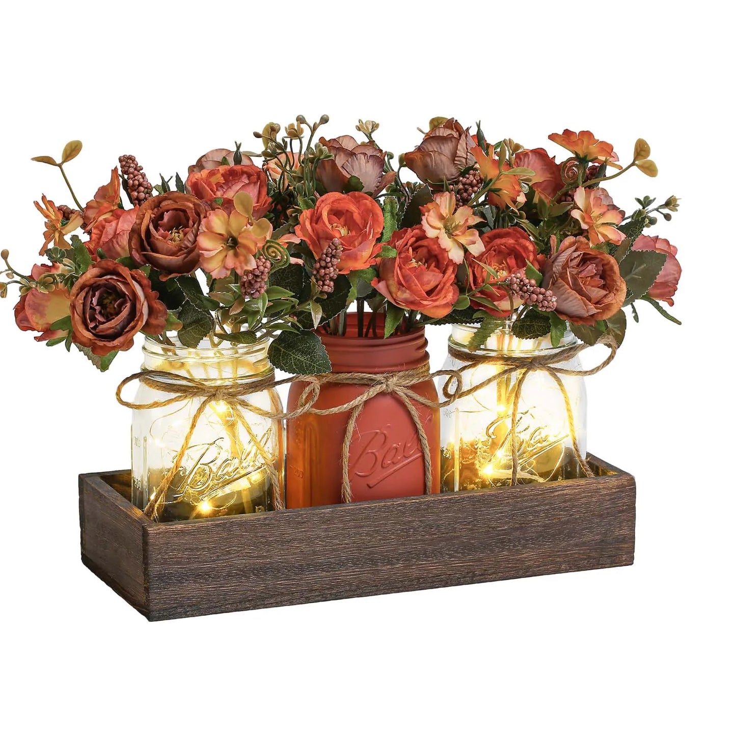 Artificial silk flowers with LED lights in a wooden box, artificial flowers with vase for home office desk kitchen decoration, V
