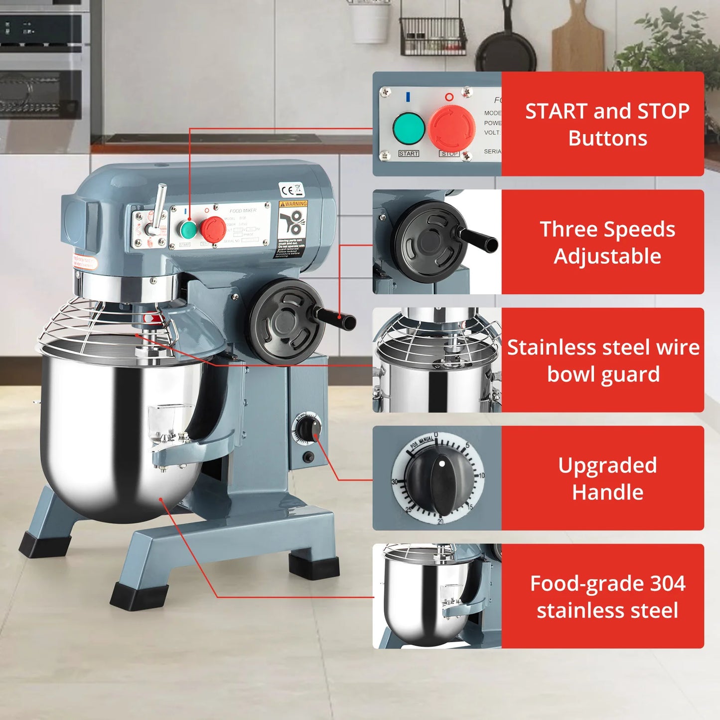 Commercial Countertop Mixer 10QT Commercial Food Mixer with Stainless Steel Bowl Safety Guard 450W 110V Commercial Stand Mixer