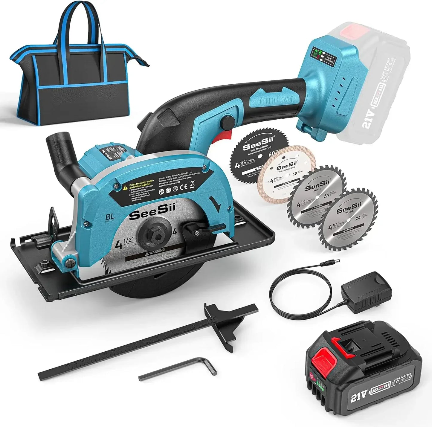 Seesii Cordless Mini Circular Saw 4-1/2" Electric Compact Circular Saw 5380RPM for Cutting Wood Plastic Soft Metal Power Tools