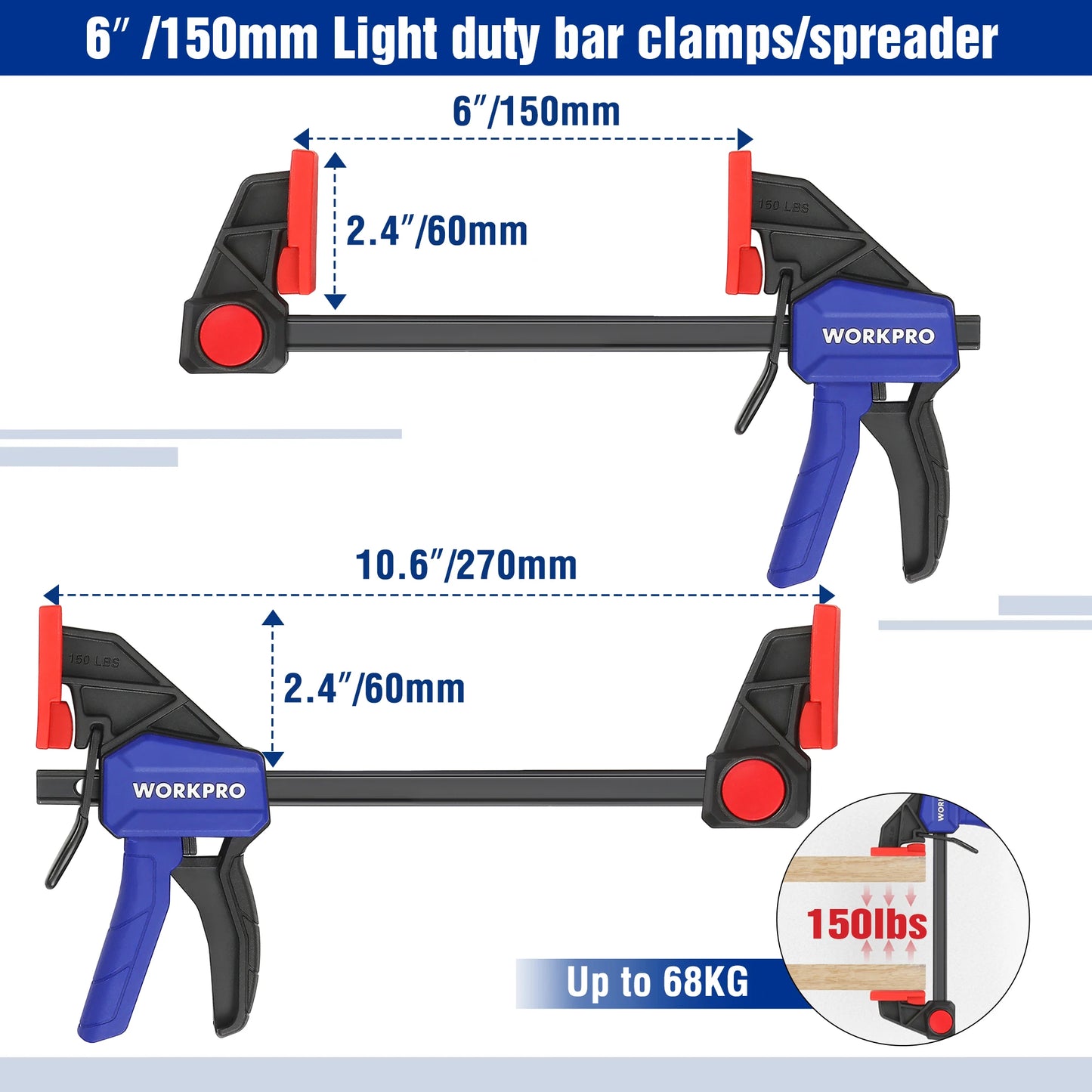 WORKPRO Bar Clamps for Woodworking One-Handed Clamp/Spreader, 6-Inch and 12-Inch Wood Clamps Set, Light-Duty Qui