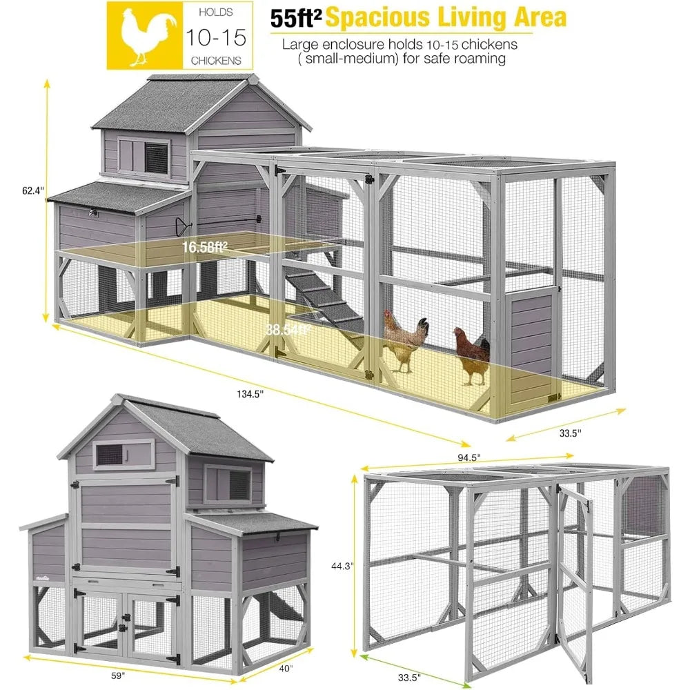 Large Chicken Coop 137" L Hen House Duck Cage for 10-15 Chickens 55ft² with Spacious Run, 6 Nesting Box, 6 Raised Perches