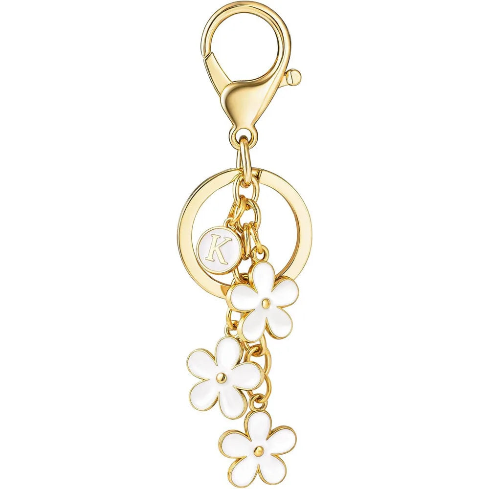 Initial Keychain White/Pink Flower Charms Key Cute Letter Keyring For Handbag Backpack