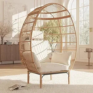 500 Pounds Capacity Oversized Wicker Egg Chair All Weather Rattan Egg Lounge Chairs for Patio Backyard Living Room Outdoor Use