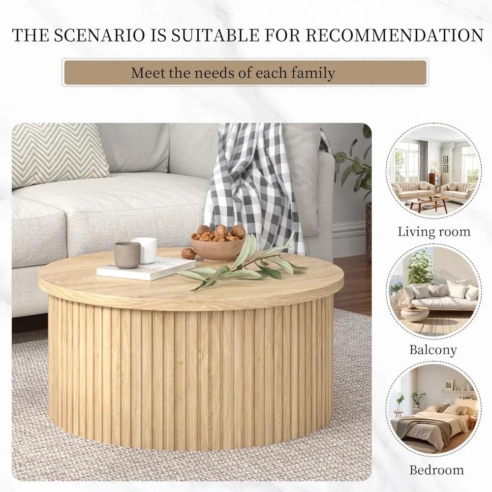 Lift Top Coffee Table with Storage, Round Coffee Tables for Living Room, 34.6'' Farmhouse Fluted Coffee Table, Wood Center Table