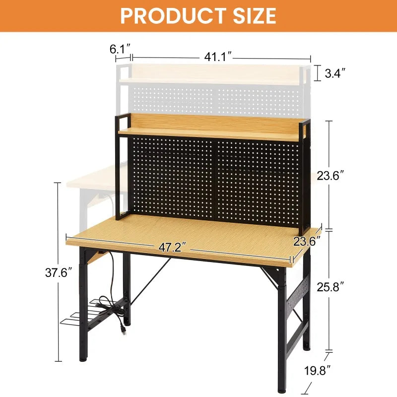 48 Inch Adjustable Workbench, Heavy Duty Wooden Tabletop Workbench with Wheels, 1600 Lbs. Weight Capacity with AC/USB Outlets.