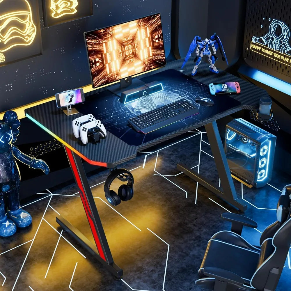 Gaming Computer Desk with Carbon Fiber Surface, Gaming Table Z Shaped PC Home Office with Cup Holder&Headphone Hook
