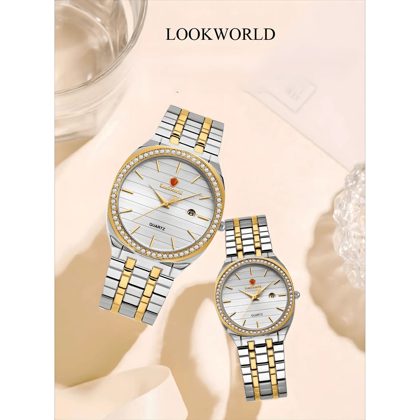 1 set of couple set quartz watch, all gold body, mineral crystal, with watch box, Valentine's Day gift, New Year's gift couple