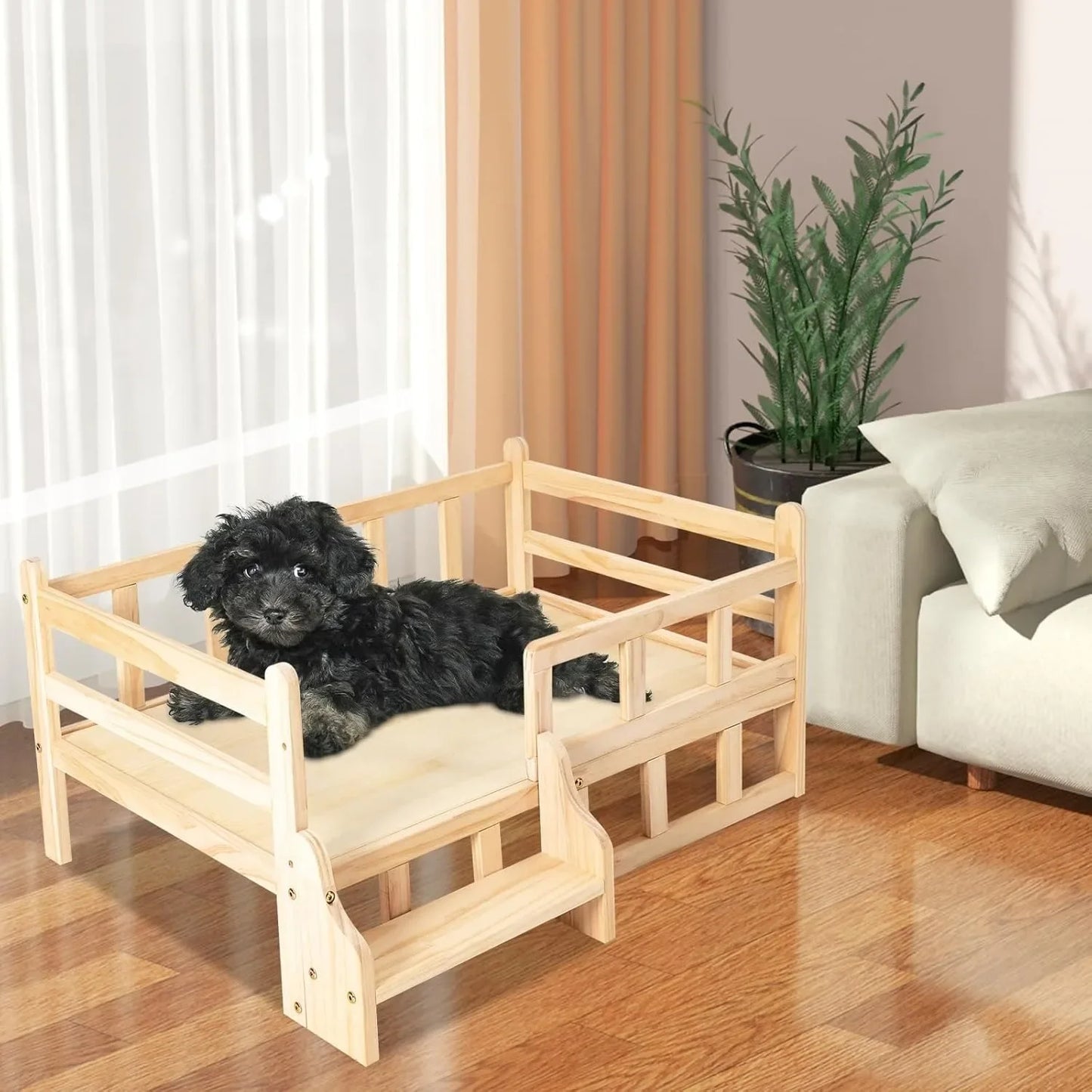 Solid Wood Elevated Pet Bed for Cats & Small Dogs, Natural Pine Wood, Non-Toxic, Easy Assembly, with Safety Fence/Anti-Slip Pads