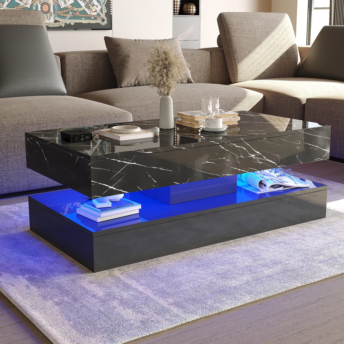 Modern Stylish Coffee Table with LED Lights Double Layer Design and Two Storage Drawers for Living Room