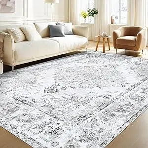 Area Rug 8x10 Vintage Rug: Large Washable Living Room Rug Retro Medallion Distressed Rug Soft Low Pile Non-Slip Rugs Indoor Floo