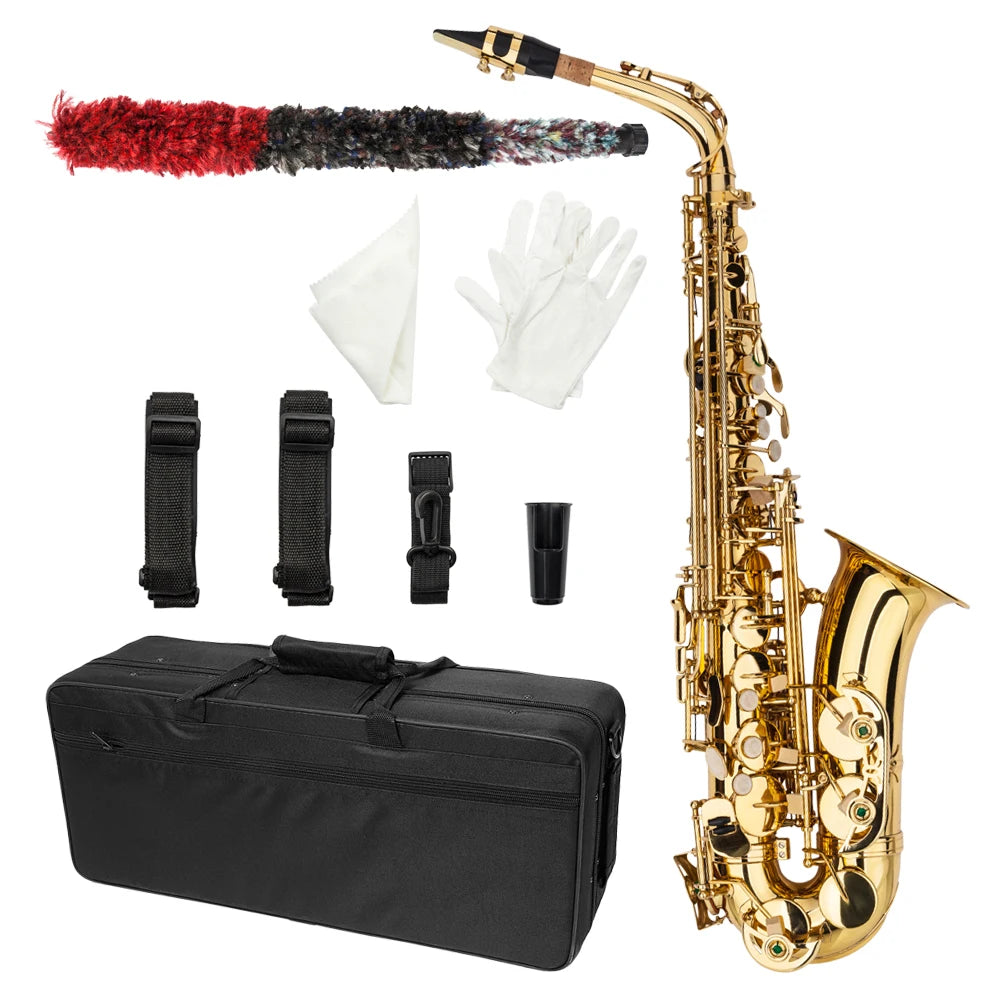 Eb Alto Saxophone Brass Lacquered Alto Sax Wind Instrument with Carry Case Gloves Straps Cleaning Cloth Brush