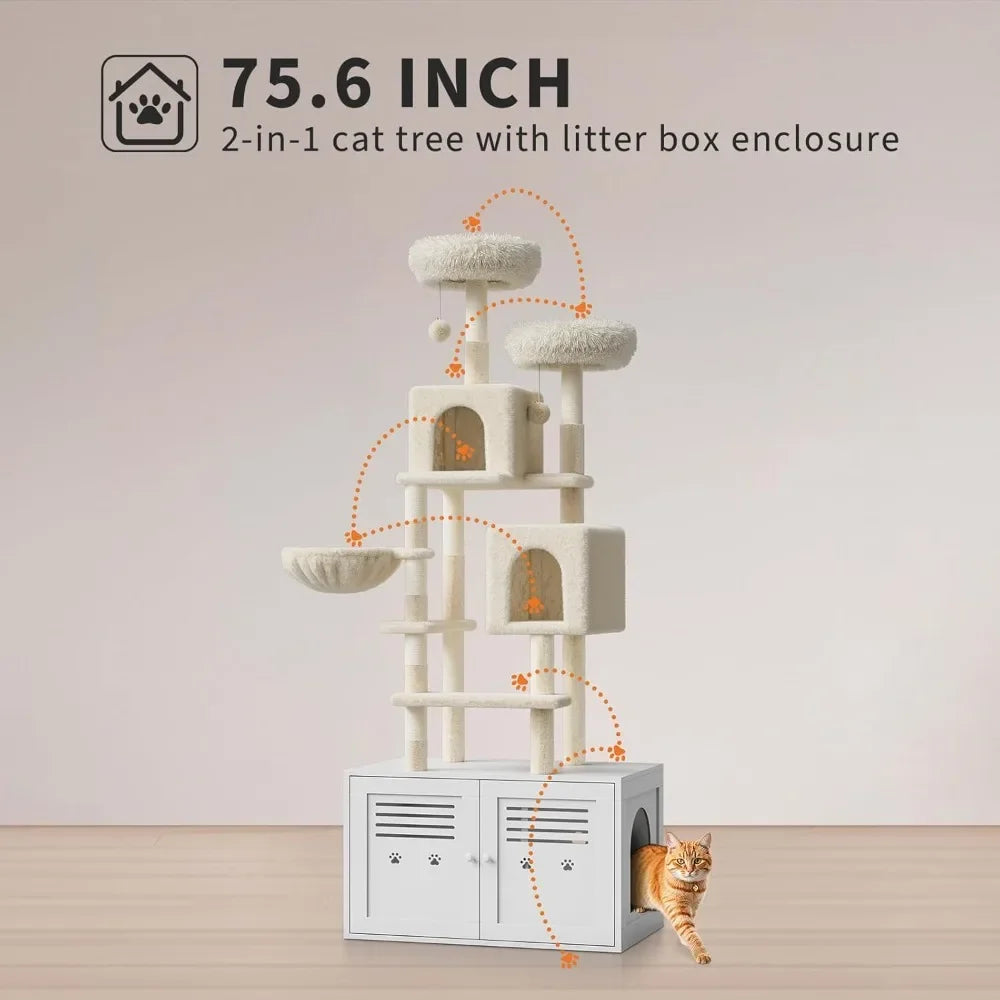 Tall Cat Tree with Litter BoxEnclosure 2-in-1 Modern Large Cat Tower for Indoor Cats with Double Condos/Scratching Posts/Hammock