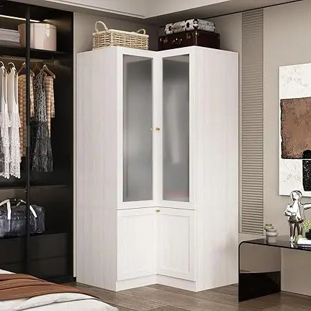 Corner Wardrobe Closet with 2 Glass Doors, Armoire Wardrobe Closet with Hanging Rod, for Bedroom Wood Grain (16.3+19.1”W x 19.1