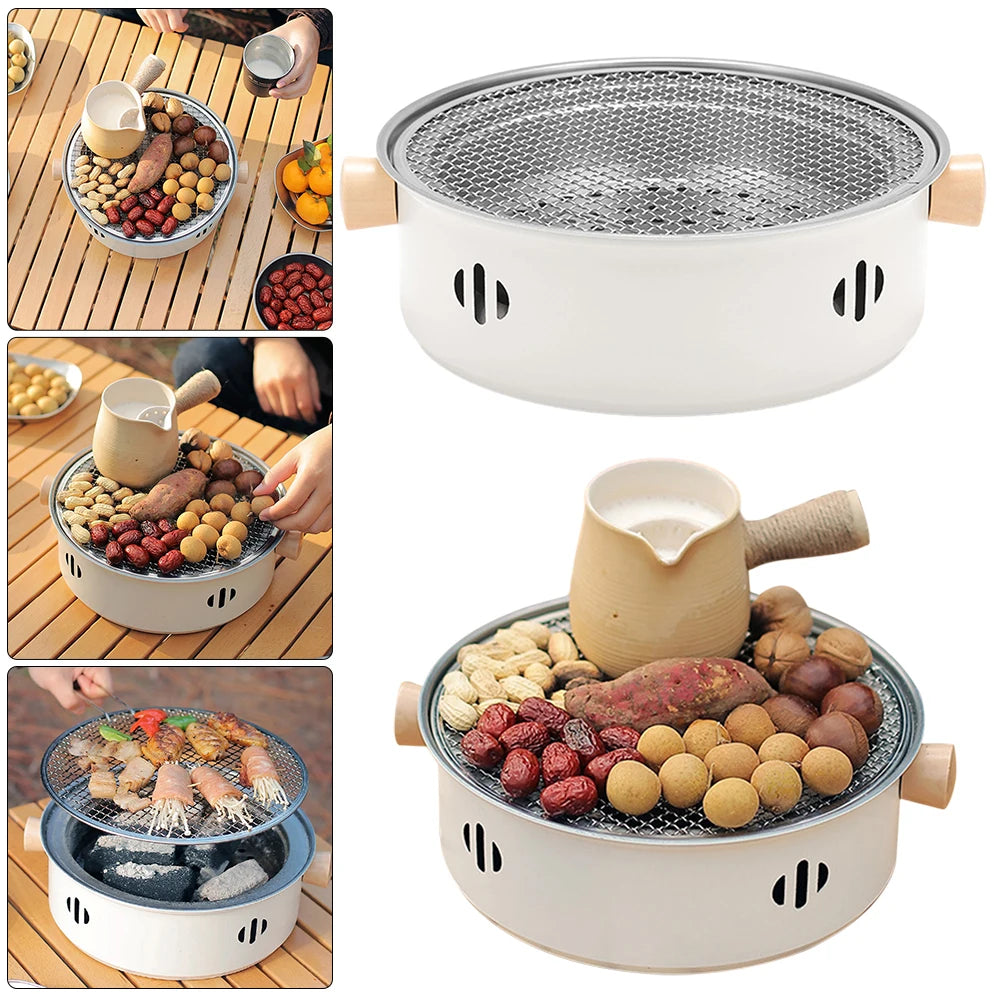 Round Barbecue Grill Portable Charcoal Barbecue Grill with Grill Net Camping Grill Stove Multifunction for Outdoor Garden Patio