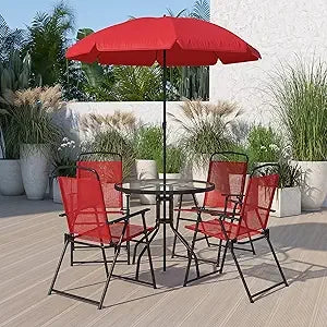 EMMA + OLIVER 6 Piece Brown Patio Garden Set with Umbrella Table and Set of 4 Folding Chairs