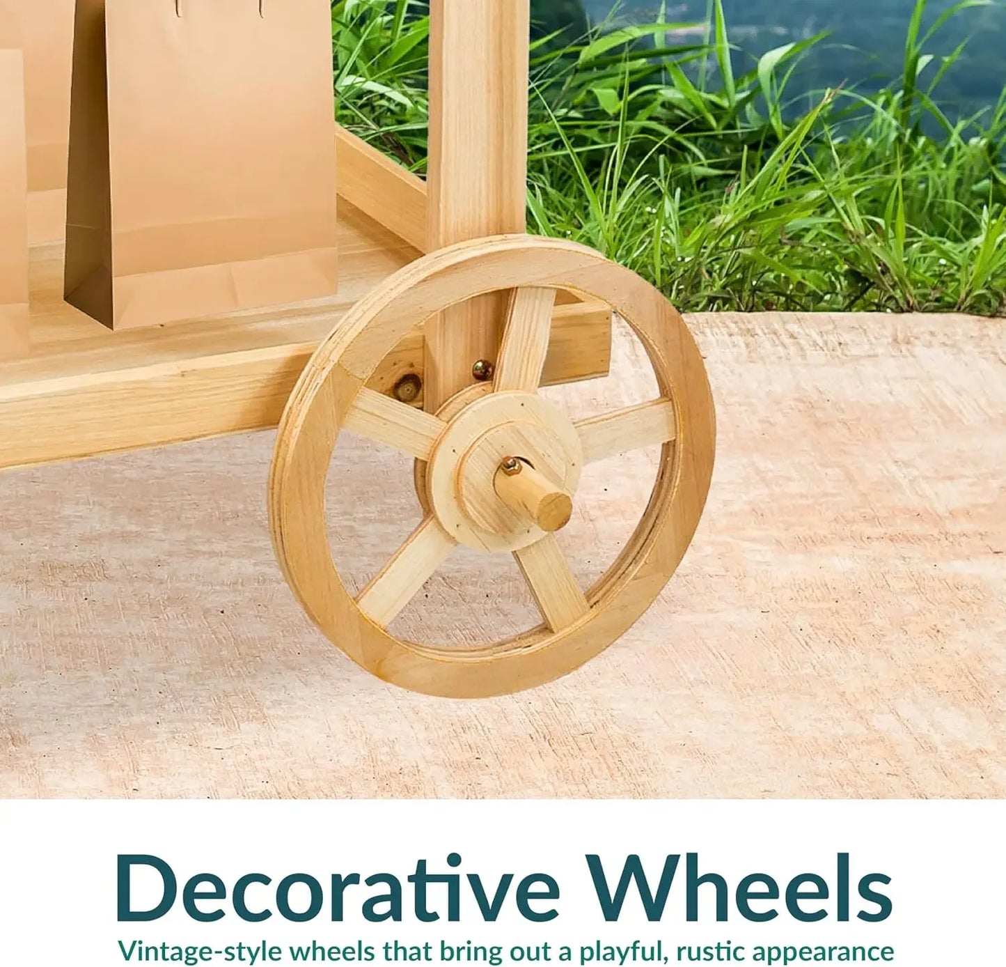 30 lb Weight Capacity Natural Fir Country Market Flower Cart Display Stand with Wheels 2 Shelve Fir Wood