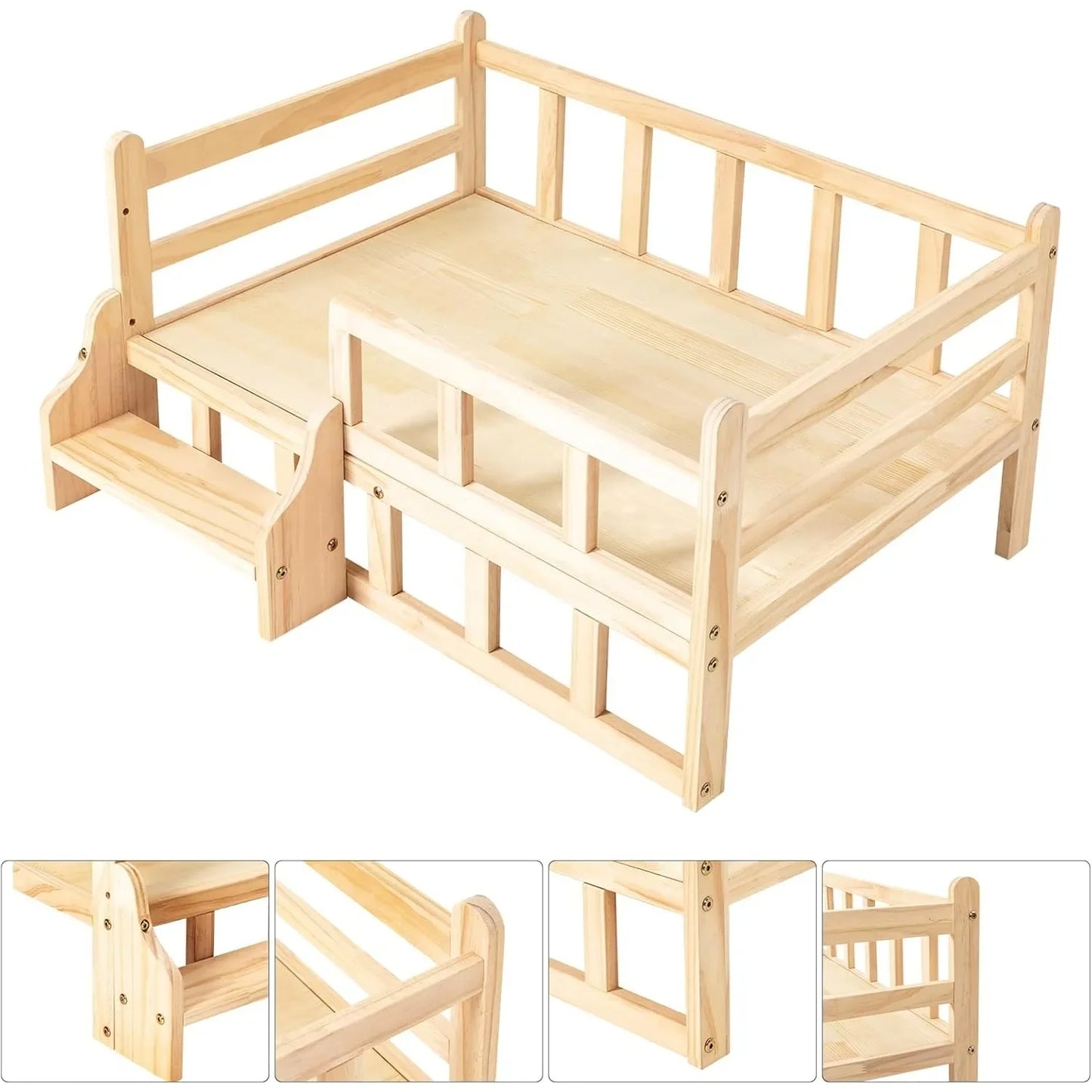 Solid Wood Elevated Pet Bed for Cats & Small Dogs, Natural Pine Wood, Non-Toxic, Easy Assembly, with Safety Fence/Anti-Slip Pads