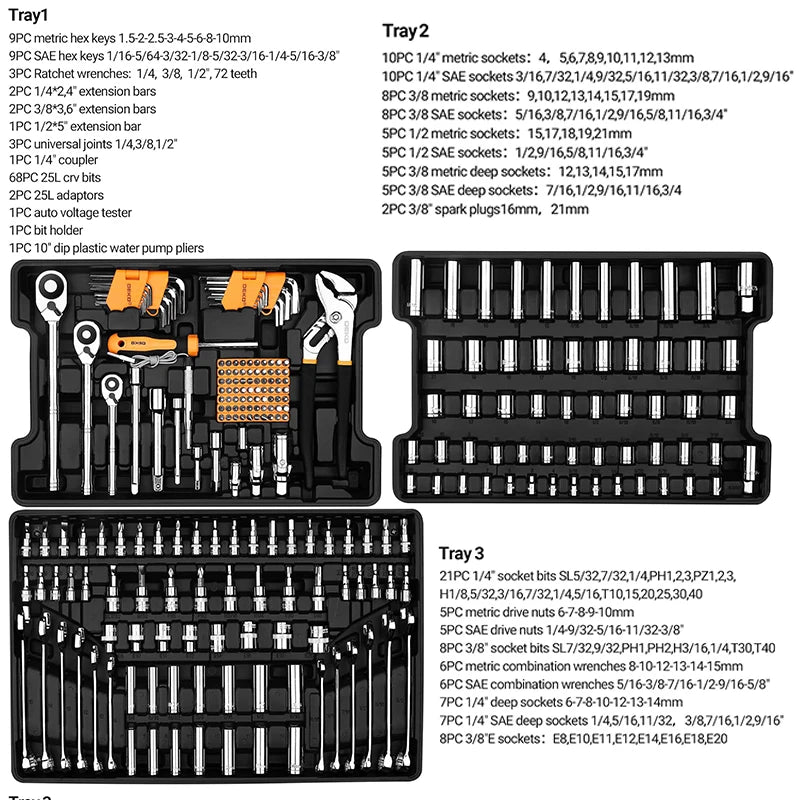 DEKO Mechanic Hand Tools Kit and Socket Sets 234Piece 1/2 1/4 3/8 Inch Ratchet Wrench Auto Tool Box Set for Car and Home Repair
