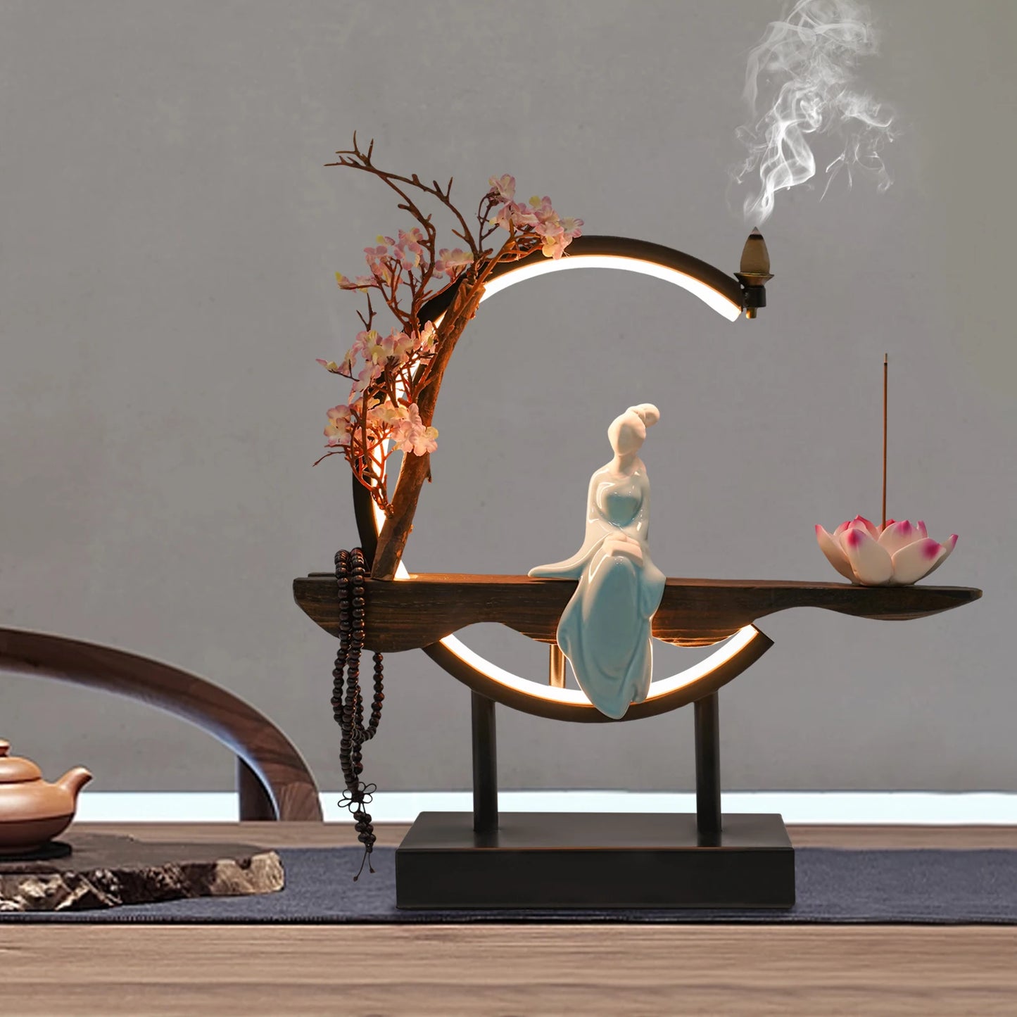 Backflow Incense Burner, Ceramic Peach Blossom Design, LED Light, Stress Relief, Meditation, Home Décor