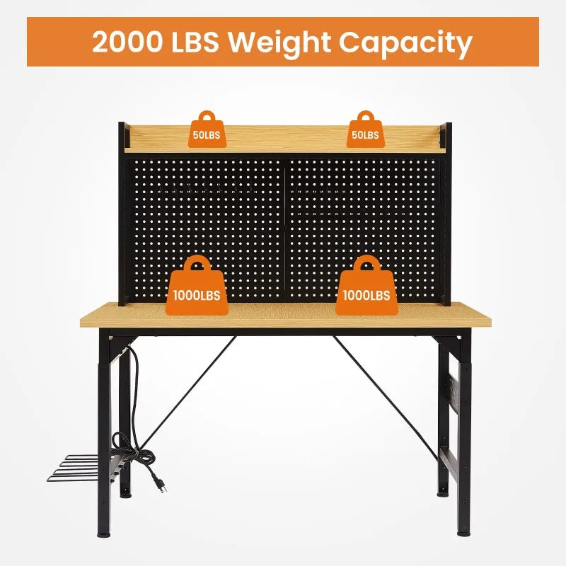 48 Inch Adjustable Workbench, Heavy Duty Wooden Tabletop Workbench with Wheels, 1600 Lbs. Weight Capacity with AC/USB Outlets.