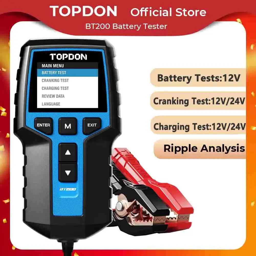 TOPDON BT200 Portable Battery Tester Charging Cranking Test Tools for Car 12V Automotive Diagnostic Battery Monitor 100-2000CCA