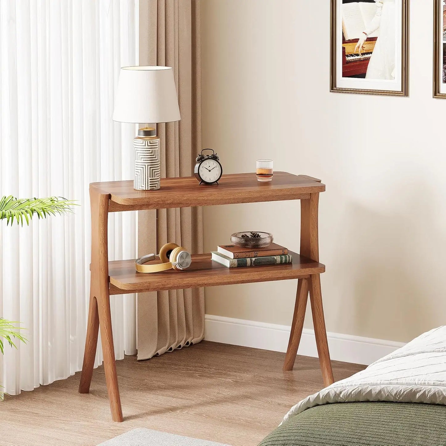 Side Table for Living Room, Farmhouse End Table with 2-Tier Storage Shelf and Solid Wood Legs, Nightstand for Bedroom