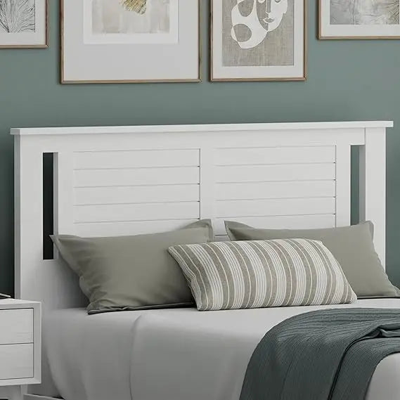 Modern Farmhouse Style White Full Headboard with Horizontal Grooves and Serene Poplar Wood Finish