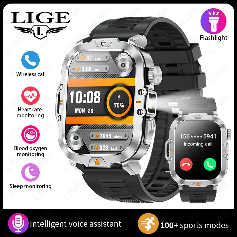 2.01-inch HD Screen Men Smart Watch with Flashlight Outdoor Sports Men's Watch IP68 Waterproof Health Monitoring Call Smartwatch