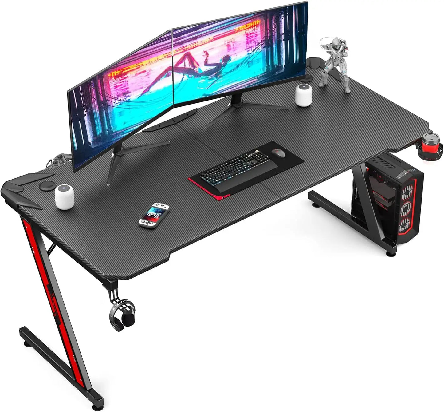 Gaming Computer Desk with Carbon Fiber Surface, Gaming Table Z Shaped PC Home Office with Cup Holder&Headphone Hook